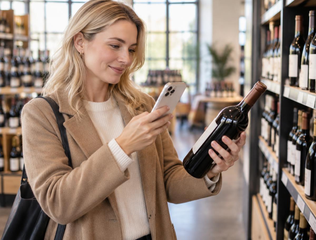Woman in a wine aisle scanning a bottle with her phone