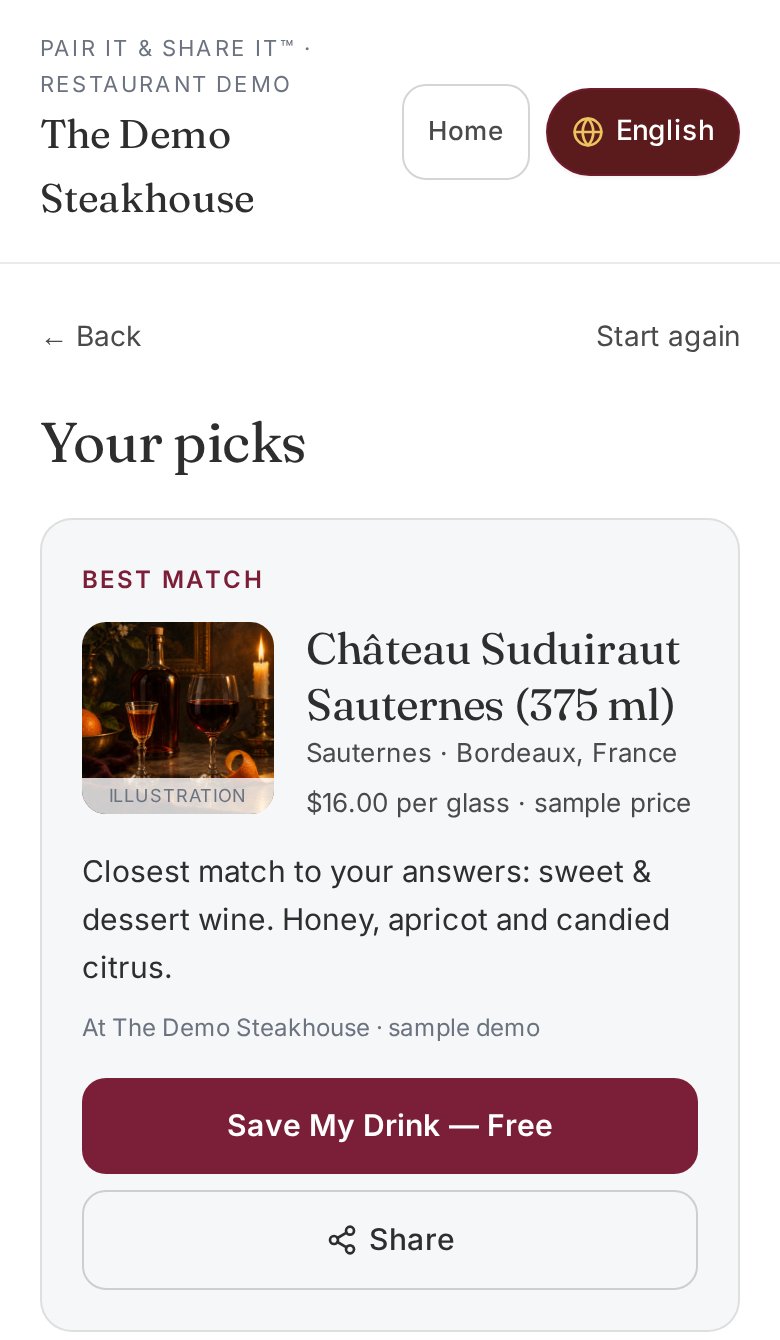 A real Pair It & Share It result screen from the sample restaurant demo: Best Match with name, region, price, why it fits, Save My Drink and Share