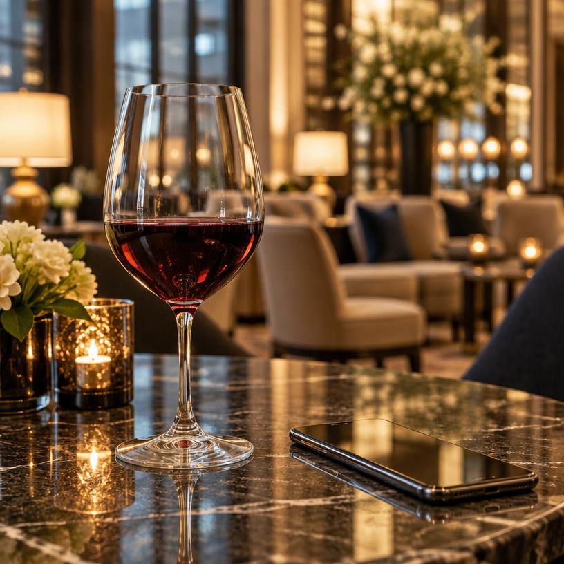 Glass of red wine beside a phone at a hotel lobby bar