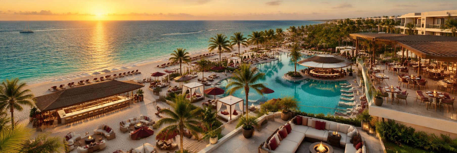 Beachfront resort at golden hour with a beach bar, pool bar, terrace restaurant and lounge