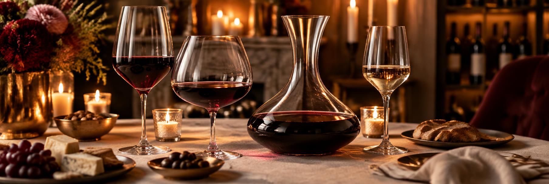 Crystal wine glasses and a decanter of red wine on an elegant candlelit table in warm amber light
