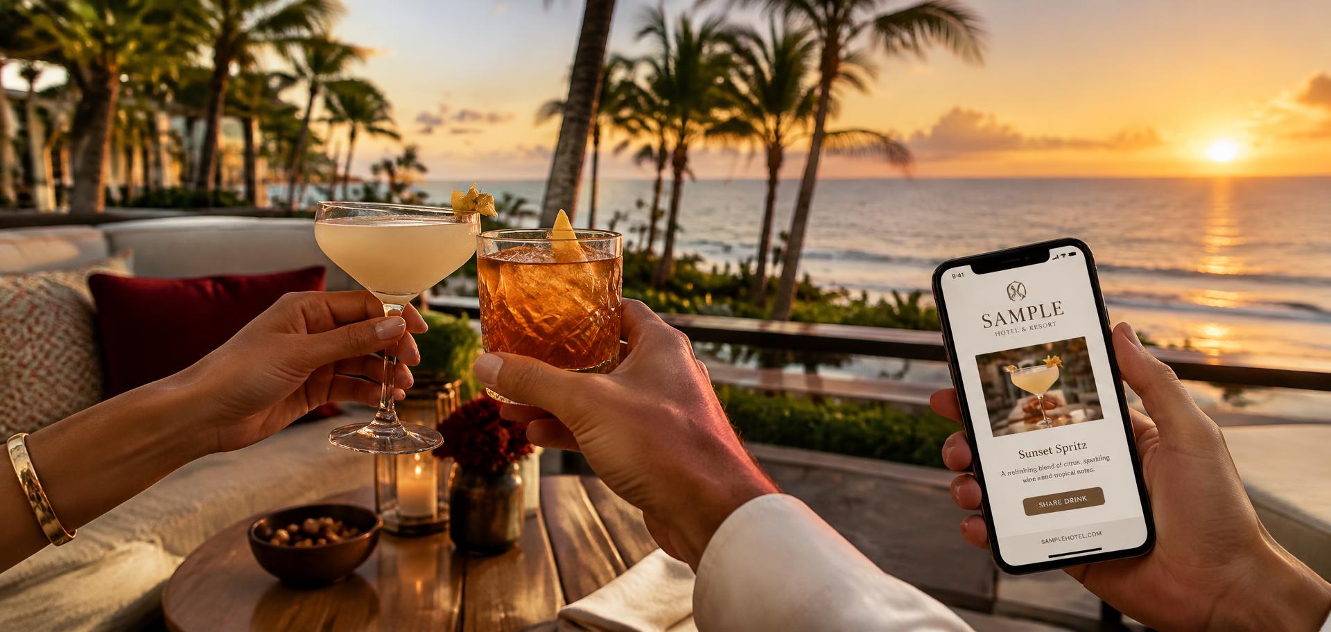 Guests' hands toasting cocktails at a beachfront resort at sunset while one holds a phone showing a Sample Hotel & Resort drink card