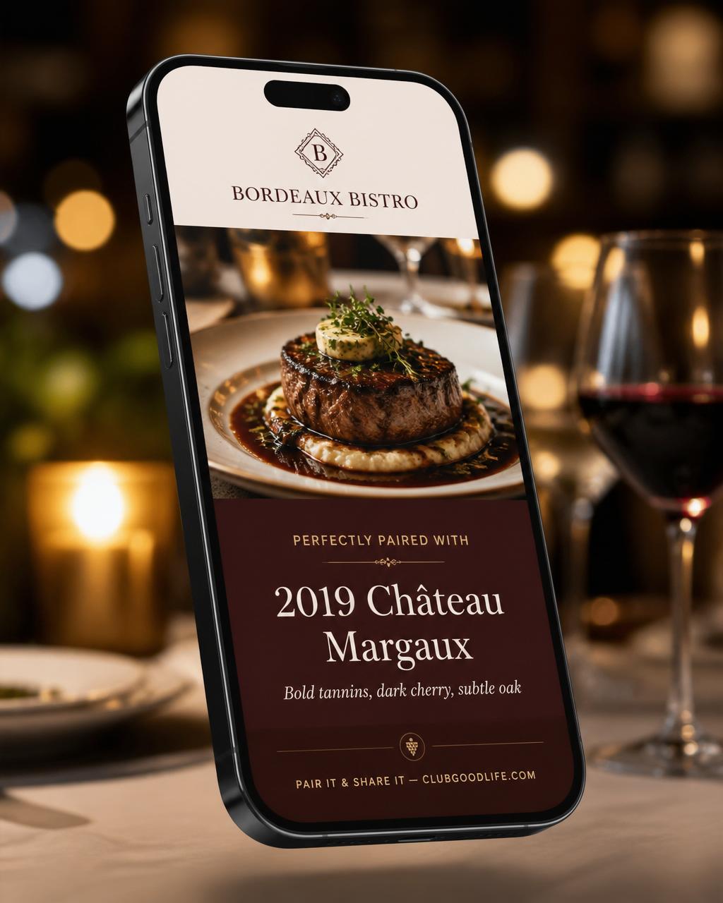 Mobile restaurant pairing experience showing a recommended wine with a plated steak dinner