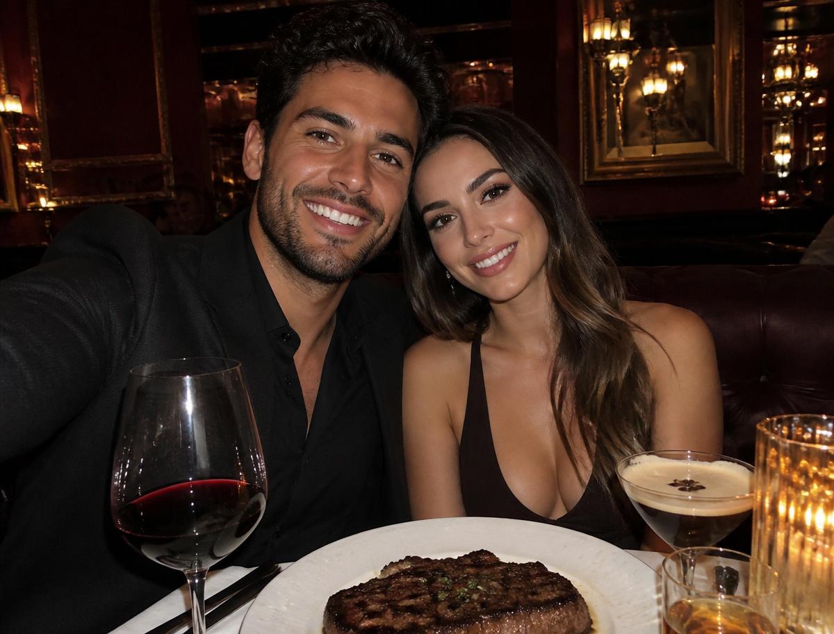 Happy couple taking a selfie at a steakhouse table with drinks visible
