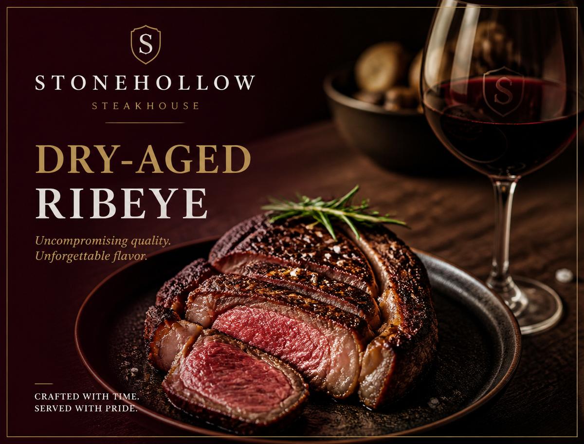 Dry-aged ribeye plated with a glass of red wine